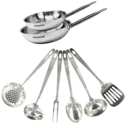 Set aus 2 Edelstahlpfannen 20 und 24 cm und 6 Edelstahlutensilien Fackelmann Eterna