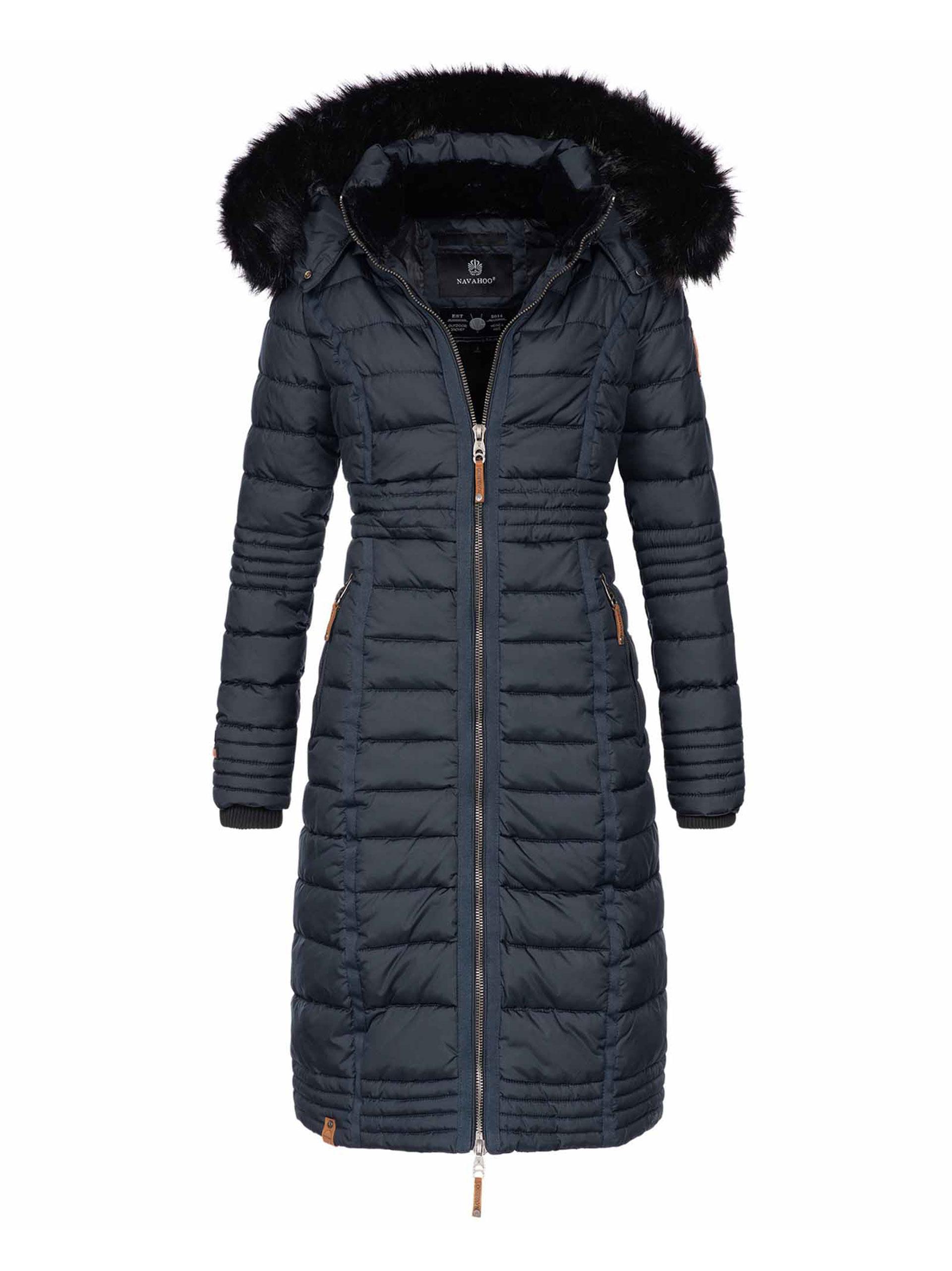 Navahoo Damen Winterjacke Umay – Lange Steppjacke mit Abnehmbarer Kapuze & Kunstfell