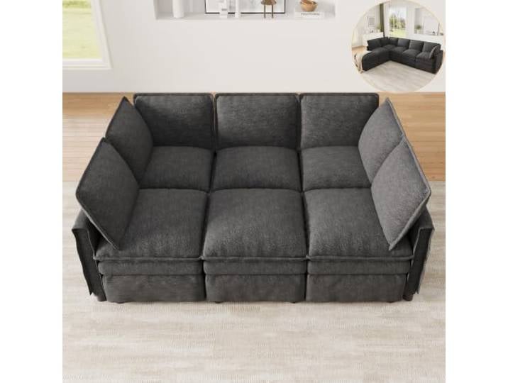 Aunvla XXL Modulares Sofa mit Schlaffunktion, frei kombinierbar als U- oder L-Form, mit beweglichem Hocker, doppelter Sitzpolsterung, modernem Kederdesign, Chenille Sofa für Wohnzimmer und Büro, Grey