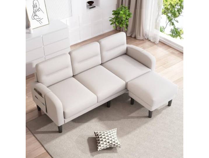 YAIXBNG Ecksofa L-Form Sofa 3-Sitzer mit Chaiselongue, kleines Ecksofa aus, An der Seite befindet Sich eine Aufbewahrungstasche,10 Sofabeine,Geeignet für das Wohnzimmer,204x136x80cm,Beige