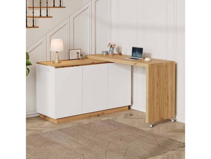 Bureau d'angle - Bureau à roulettes verrouillables – design multifonctionnel plateau pivotant de 4 cm d'épaisseur Chêne blanc