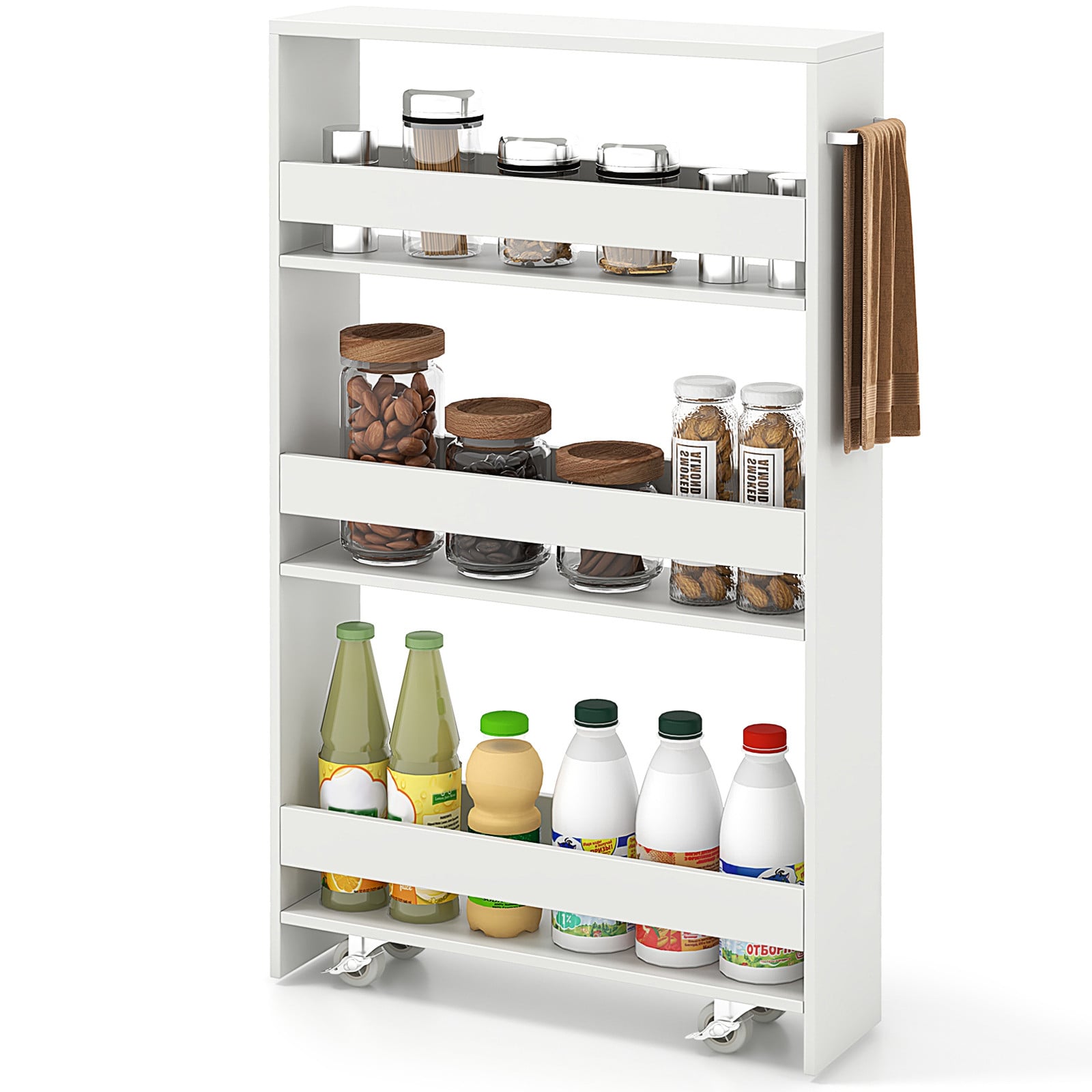 Costway Slanke Mobiele Serveerwagen met 4 Niveaus en Zwenkwielen, Wit