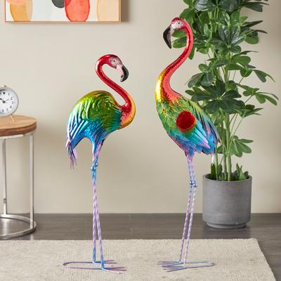 ARCILLA ELEMENTAL Multi Colored Metal Tall Textured Rainbow Flamingo Decorative Garden Sculpture (Set of 2)