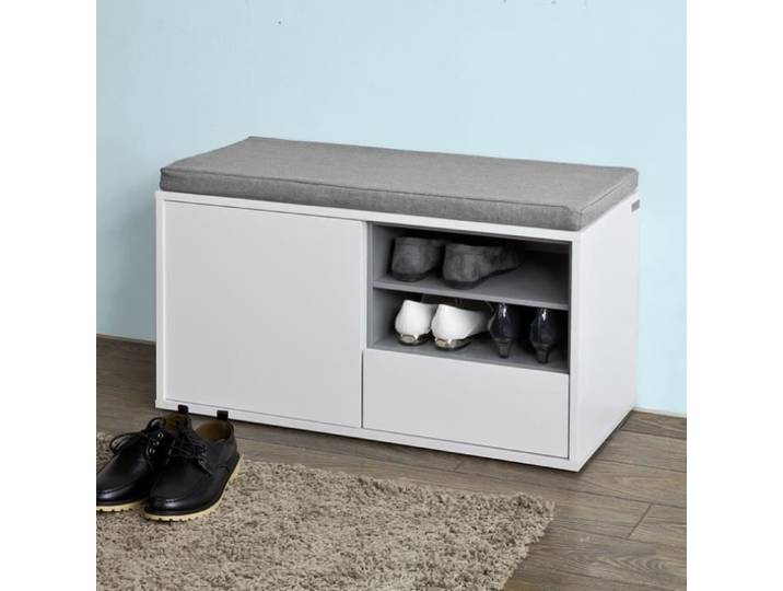 SoBuy FSR37-W Banc de rangement à chaussures avec coussin rembourré tiroir et étagères - L80xH46xP35cm