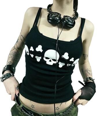 Silver Stone Store Vintage Women Goth Tank Tops, Skull Print Backless Camisoles, Low Cut Grunge Sleeveless Fit Shirt s