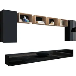WOHNWAND Kossana 35 Modern Goldene Eiche/Schwarz 300/154/43 cm Wohnwand Set