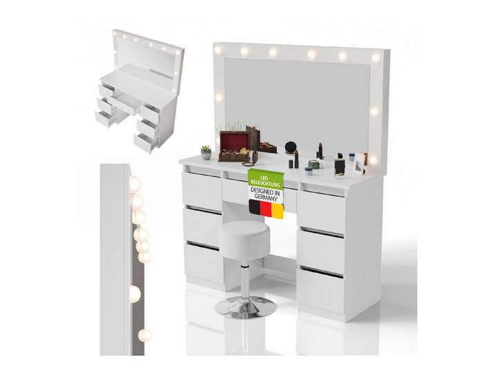 Juskys Schminktisch Lilia (2-St), LED-Beleuchtung, inklusive Hocker, viel Stauraum, Ablageflächen