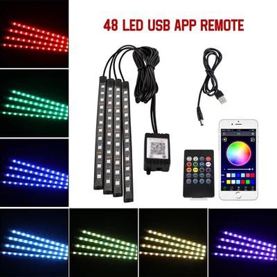 Inspired Finds LED Car Interior Ambient Lights RGB Footwell Lamp Kit With Remote & APP Music Control 48led App Remote Usb