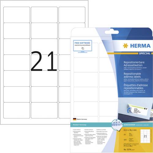 Herma 5074 Adress-Etiketten 63.5 x 38.1mm Papier Weiß 525 St. Wiederablösbar Tintenstrahldrucker, Laserdrucker, Farblaserdrucker