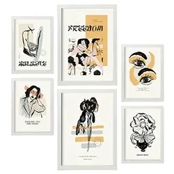POSTER Set Mit 6 In Schwarzer Tinte Freiheit Kunstdrucke Im Skizzenstil Für Innenarchitektur A3 & A4 Weißer Rahmen