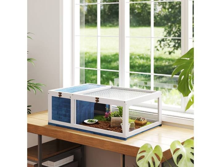 PawHut Enclos Habitat Petit Animal Bois Bleu 91x60,5x32 cm