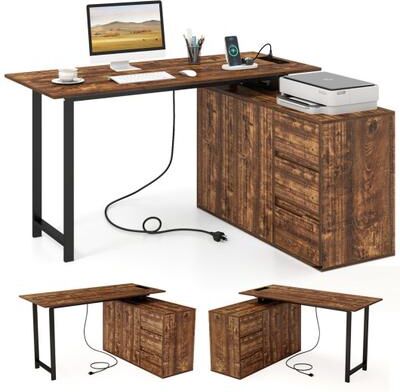 Costway L-Shaped Desk with File Cabinet and Power Outlet Reversible Corner Computer Desk-Rustic Brown