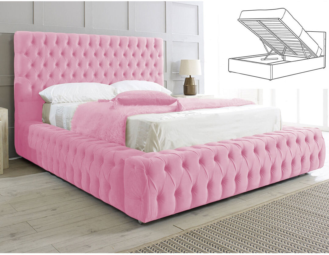 Britainsleep Elite Elegance Ambassador Ottoman Storage Bed - Premium Upholstered Velvet Bed Frame with Tall Headboard Pink Double (4'6)
