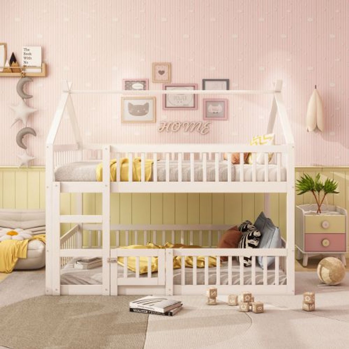 Massief houten stapelbed voor kinderen met twee niveaus, Wit, 140 x 200 cm