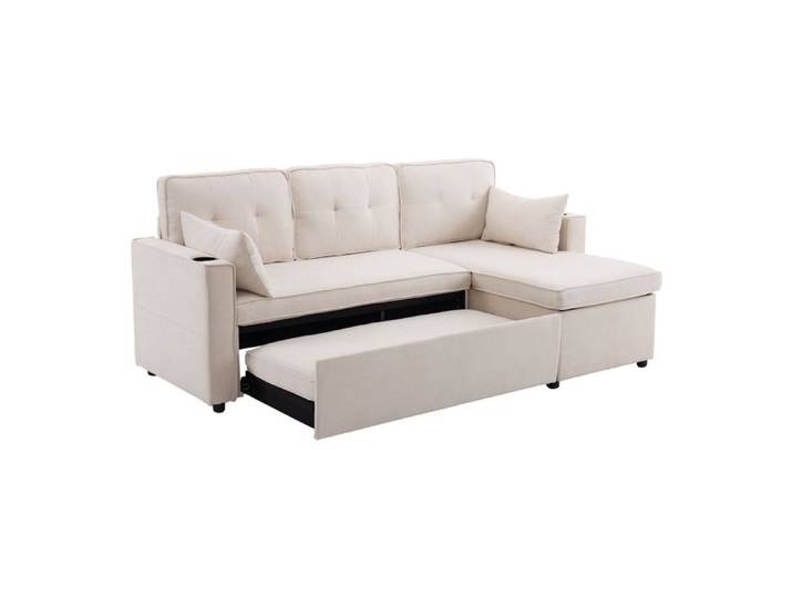 Canapé d angle convertible 211x130 cm - EVRYAE avec rangement et porte gobelet méridienne réversible - Beige