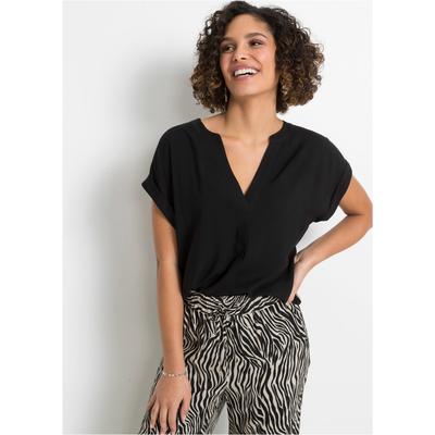 Tunika BONPRIX, Damen, Gr. 52, schwarz, Obermaterial: 100% Viskose, regular fit, Tuniken, eleganter Look, Kurzarm-Design, Regular Fit, mit Henley-Kragen
