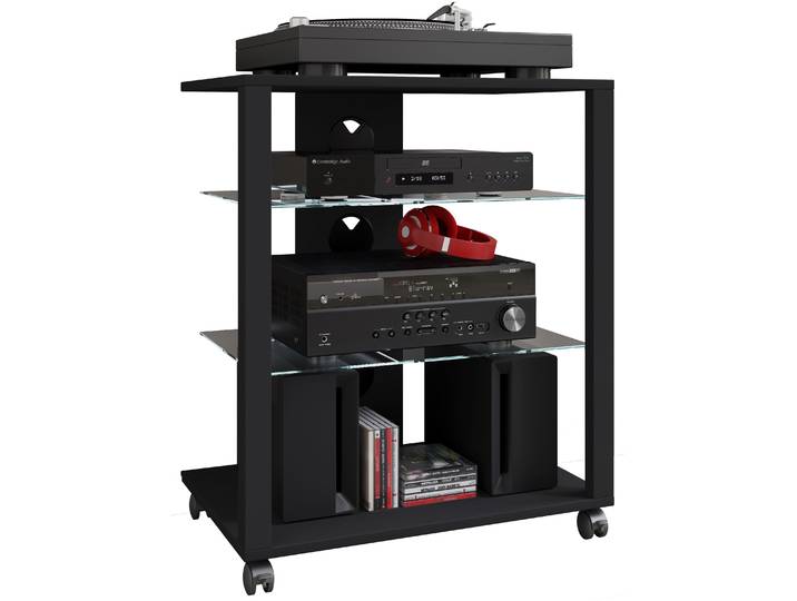 Wohnzimmertisch VCM Hifi Möbel Rack Glas Phono Mediaregal Folas Rollen , schwarz, B:60cm T:41cm, Regale, TVRack
