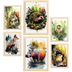 POSTER Set Mit 6 Lebewesen Illustrationen Von Tieren In Naturlandschaften, Realistischer Aquarellstil Innenarchitektur A3 & A4 Rahmen Aus Hellem Holz