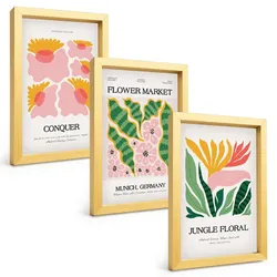 BILDER SET 3er Set - 20x30 cm Goldrahmen - Blumen und Blätter – moderne Poster