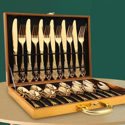 Modern Harvest Tools & Trends Luxury Golden Stainless Steel Cutlery Set Complete Dinnerware In European Gift Box For Retro Christmas Table Setting Rainbow 24pcs Box