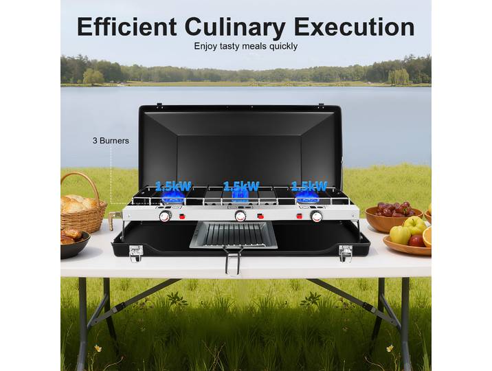 Réchaud de camping à 3 brûleurs, 1500W, réchaud à gaz portable, robuste, pour le camping, les barbecues, les fêtes