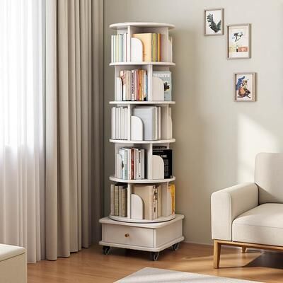 ZWYO HOSIMU "68""H 6-Tier Rotating Bookshelf, 360° Round Spinning Bookshelf with Wheels and Drawer, Space-Saving Storage for Living Room"