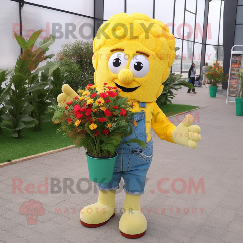 Gelber REDBROKOLY Blumenstrauß als Maskottchen kostüm gekleidet in Boyfriend-Jeans und Fäustlinge