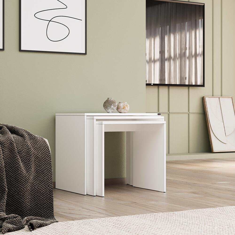 17 Stories Florida Nest of 3 Tables - Space-Saving Side Tables - White or Oak Effect White 47cm H X 55cm W X 40cm D
