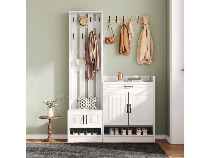Ensemble de placards PINGGO, placard mural avec porte-chaussures, 8 crochets, 4 portes, 1 tiroir, blanc, meubles de couloir, 125*36*190cm