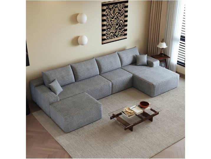 Canapé d'angle modulable 5 places sans montage - ELVMI - chaise longue tissu corduroy gris
