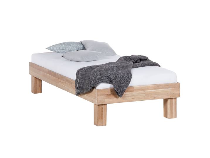 Massivholzbett AresWOOD 90 x 200cm Massivholz Kernbuche, geölt Beige/Eiche Weißöl ohne Kopfteil Eiche