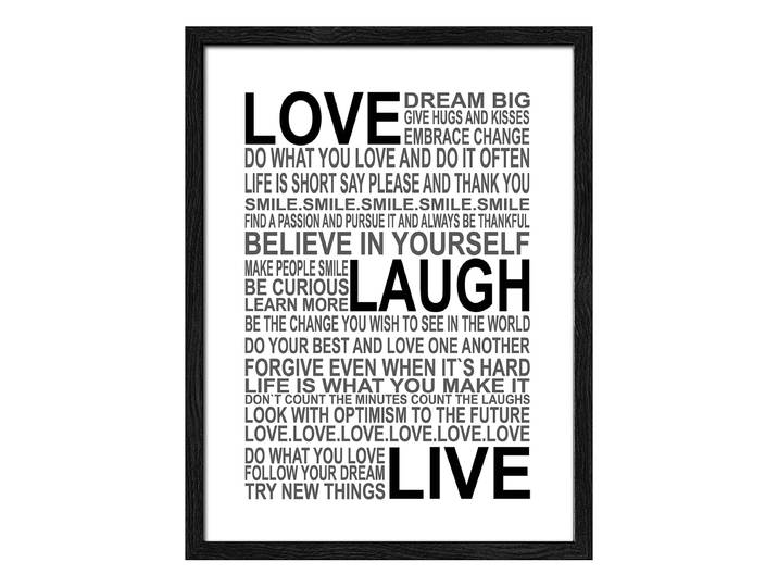 Image en bois Love Laugh Live Verre flotté, MDF Blanc/Noir 33 x 43 x 1cm