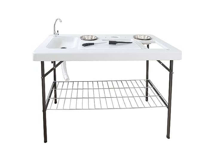 Lemodo klappbarer Filetiertisch mit Filetierbrett tragbare Camping Spüle Outdoor Waschbecken mit 2 Schüsseln Mobiles Spülbecken zur Erweiterung der Outdoorküche Outdoor Spüle ideal für Angler