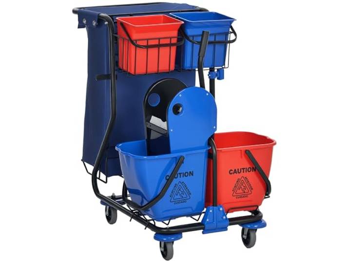 HOMCOM Professioneller Reinigungswagen Müllbeutel Rot 2 Moppeimer 18L, 2 Aufbewahrungseimer 6L, Moppresse, Haken und Räder, Hotel, 93x80x97cm