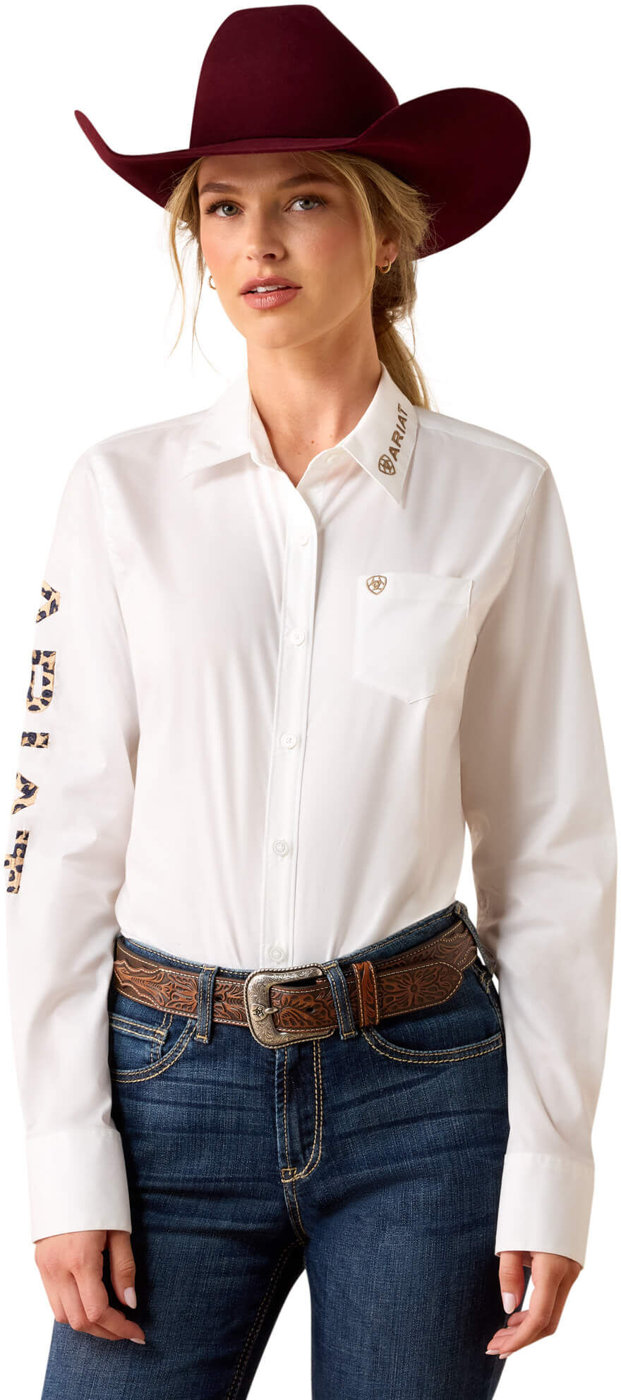 Women's Team Kirby Stretch Shirt in White W Leopard Logo, Size: XL by Ariat