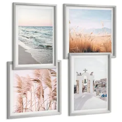 BILDER SET 4er Set - 50x50 cm & 40x60 cm Silberner Rahmen - Pflanzen, Meereswellen, Aussicht, Häuser