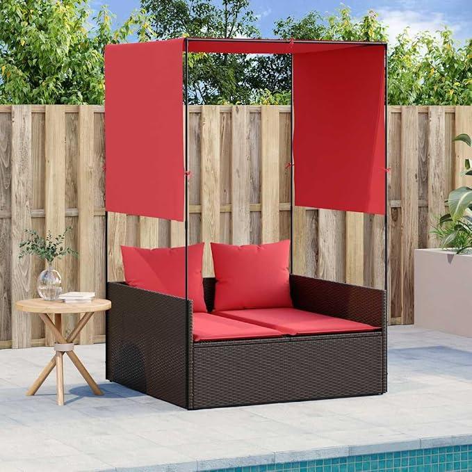 Doppelte Sonnenliege Gartenliege mit Dach und Vorhängen Braun Poly Rattan, verstellbar, klappbar, wetterfest mit Polster, ergonomisch, ideal für Terrasse, Balkon, Outdoor Entspannung