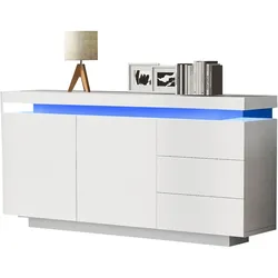 LED-Sideboard 140x35x72 cm, Hochglanz Weiß, 2 Schränke, 3 Schubladen, RGB-LED App Steuerung, Modernes Wohnzimmermöbel