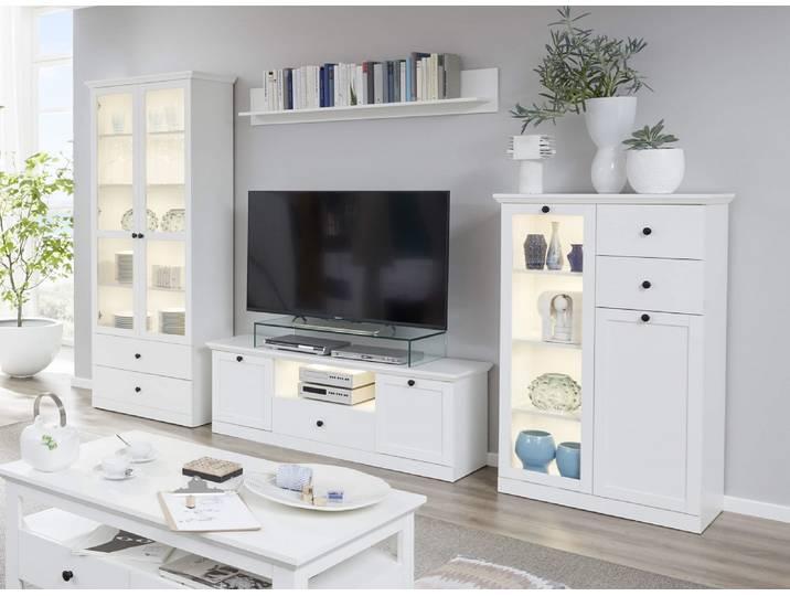 Wohnwand Baxter , weiß , Landhausstil , 4-teilig , LED Beleuchtung 2