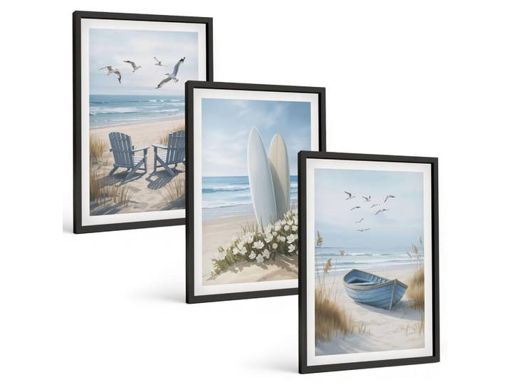 Tulup Bilder SET 3er Set - 40x60 cm Schwarzer Rahmen - Strand Surfbretter Vögel, Kunststoff, Rechteckig, 40x60 cm, gerahmt, Bilder & Rahmen, Bilder