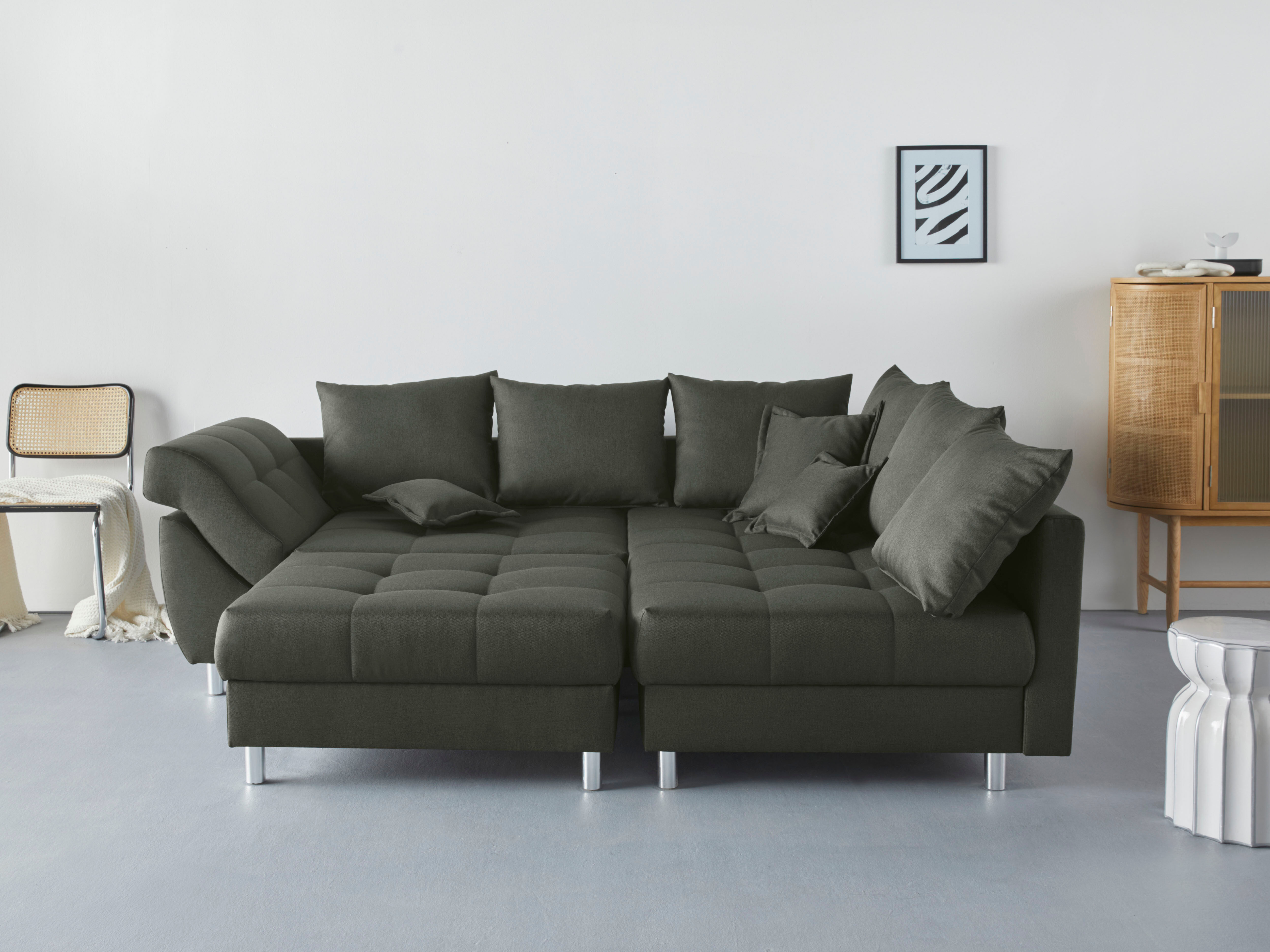 Ecksofa COLLECTION AB "Innsbruck L-Form, B: 247 cm", grün (dunkelgrün), B:247cm H:87cm T:189cm, Microfaser PRIMABELLE (100% Polyester), Struktur (90% Polyester, 10% Polyacryl), Samtvelours (100% Polyester), Luxus-Microfaser Antiklederoptik (100% Polyester