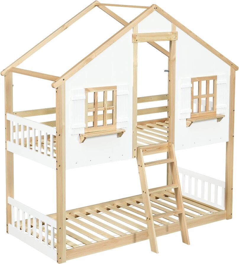 ComfortXL Litera infantil casa ventanas blanca natural 90x200 cm