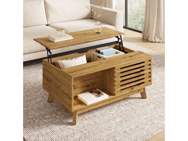 Table basse relevable 90x55x57 5 cm - porte coulissante à lattes - coffre de rangement - style rétro - MDF - Bois naturel