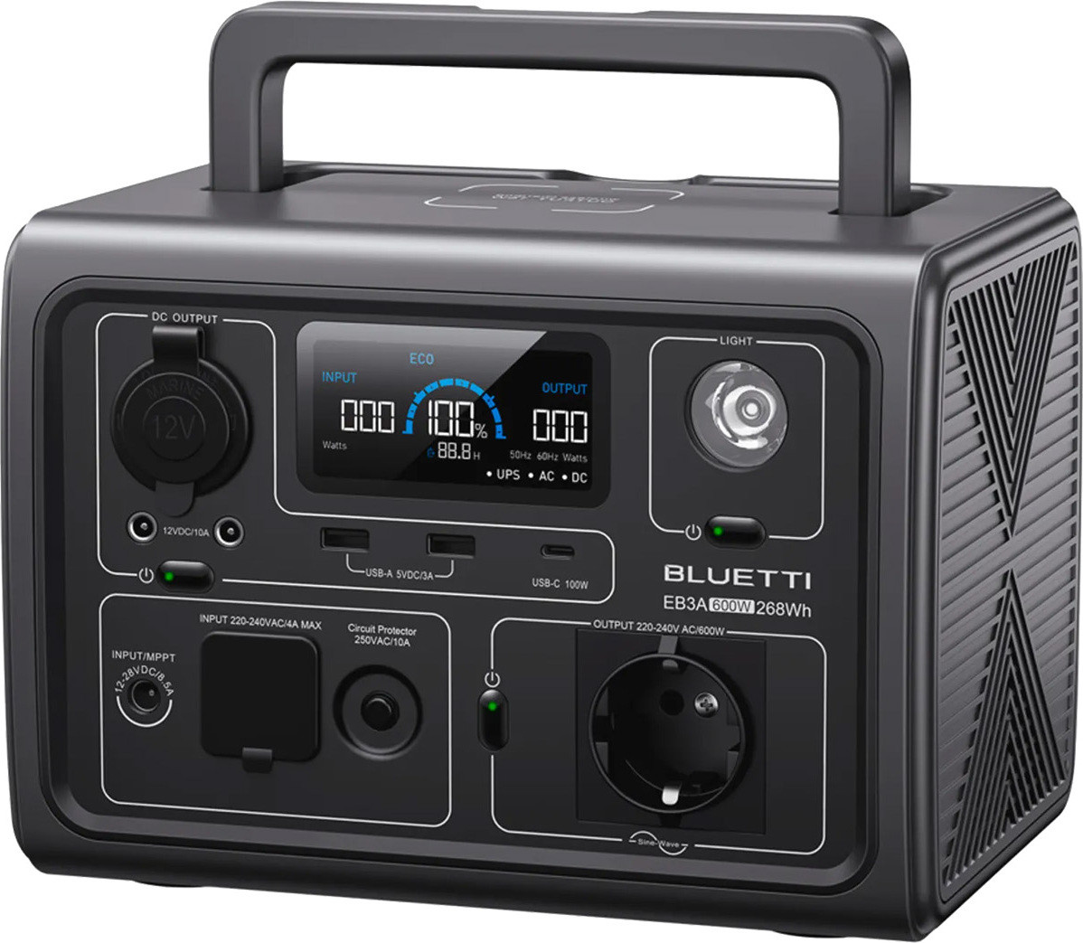 Bluetti Powerstation EB3A, 600W / 268Wh, piekvermogen 1200W