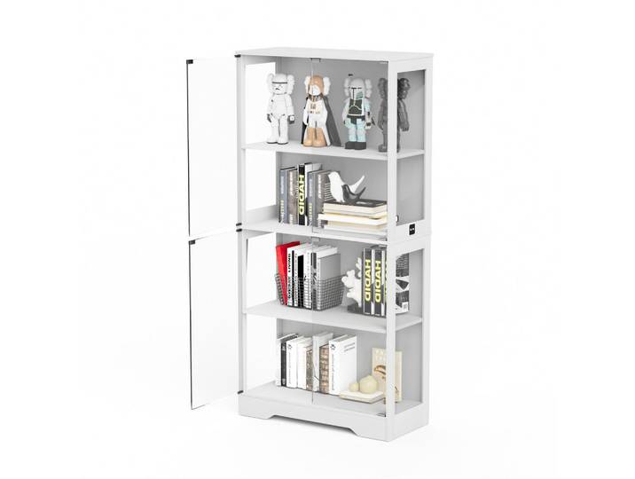 Modfu Glasvitrine aus MDF und Glas 80x35x165 cm Weiß mit LED-Beleuchtung, Sensortechnik und Stauraum, 80x165x35 cm, Esszimmer, Vitrinen, Vitrinenschränke