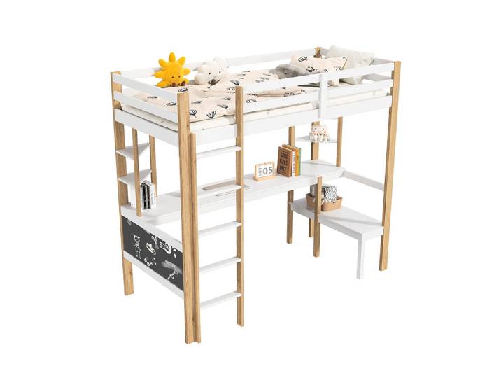 Hochbett 90x200 cm mit Schreibtisch, Regal, Leiter und Rausfallschutz, Weiß/Natur, Holz, Schlafzimmer, Betten, Polsterbetten