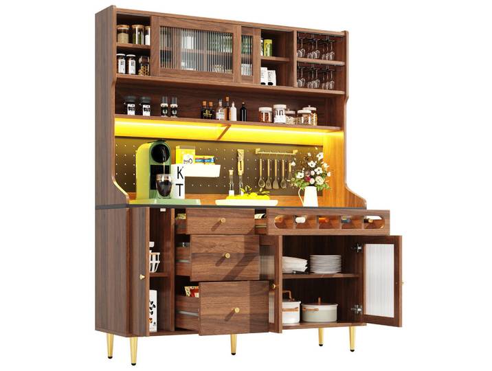 Flora Grace Buffet 145/39/171 cm in Walnuss mit LED-Beleuchtung und Weinregal, Walnussfarben, Glas, 145x171x39 cm, Esszimmer, Anrichten, Buffetschränke