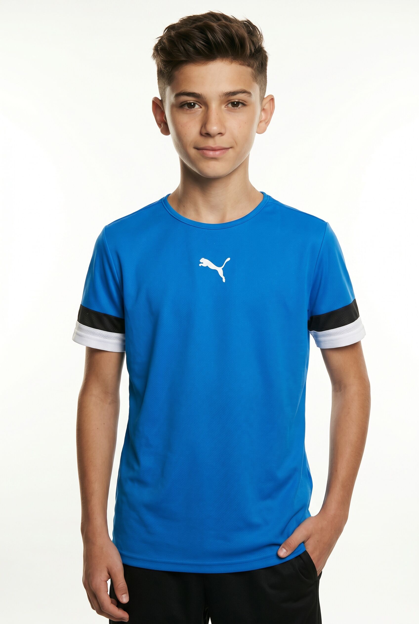 Fussballtrikot PUMA "TEAMRISE JERSEY JR", Kinder, Gr. 128, bunt (electric blau lemonade, puma schwarz, puma weiß), Netz, Obermaterial: 100% Polyester, unifarben, slim fit normal, Rundhals, Trikots Fussballtrikot, Fussball, Kurzarm, mit Rundhalsausschnitt,