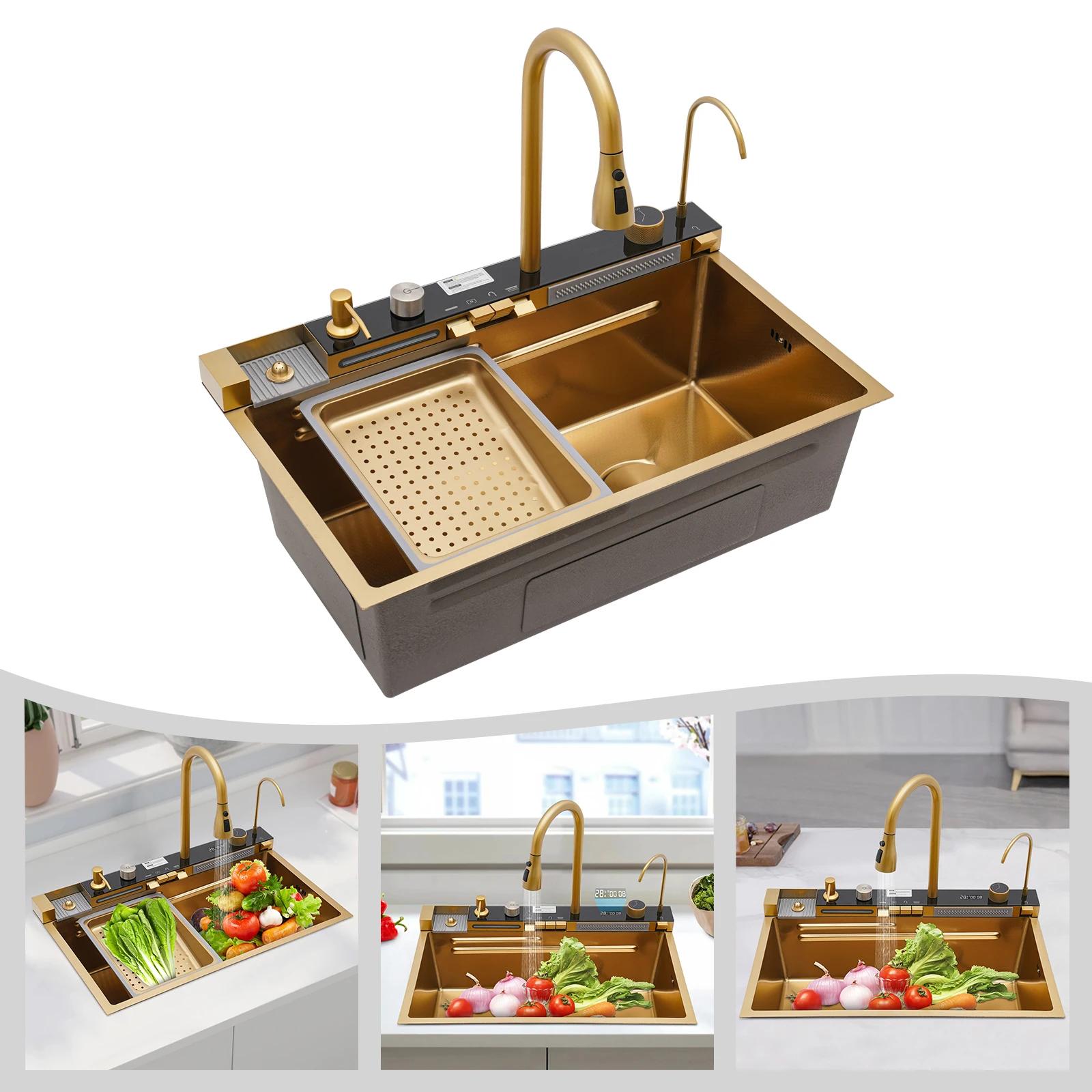 Digitale Küchenspüle - Spülen-Arbeitsstation - Edelstahl mit öl- und kratzbeständiger Oberfläche - LCD-Temperatur- und Zeitanzeige - Schneller Wasserablauf - Herausnehmbarer Filterkorb - Schneidebrett inklusive - Gold
