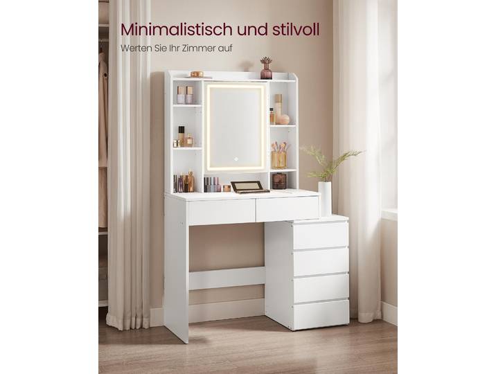 VASAGLE Schminktisch mit LED-Beleuchtung, einstellbare Helligkeit, mit 6 Schubladen ohne Hocker